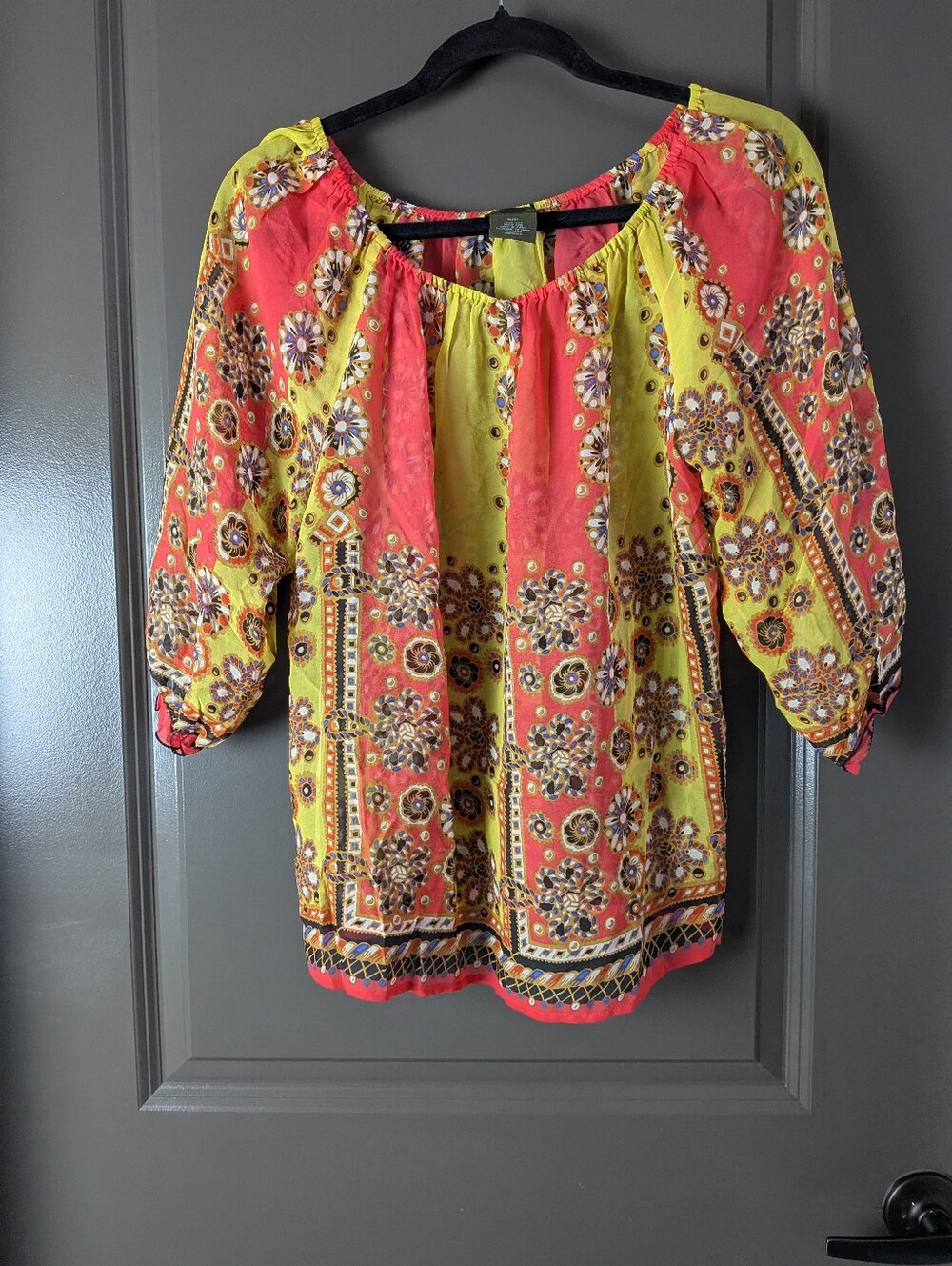 Fei Anthropologie 100% Silk Blouse Peasant Red Yellow Floral Size SP